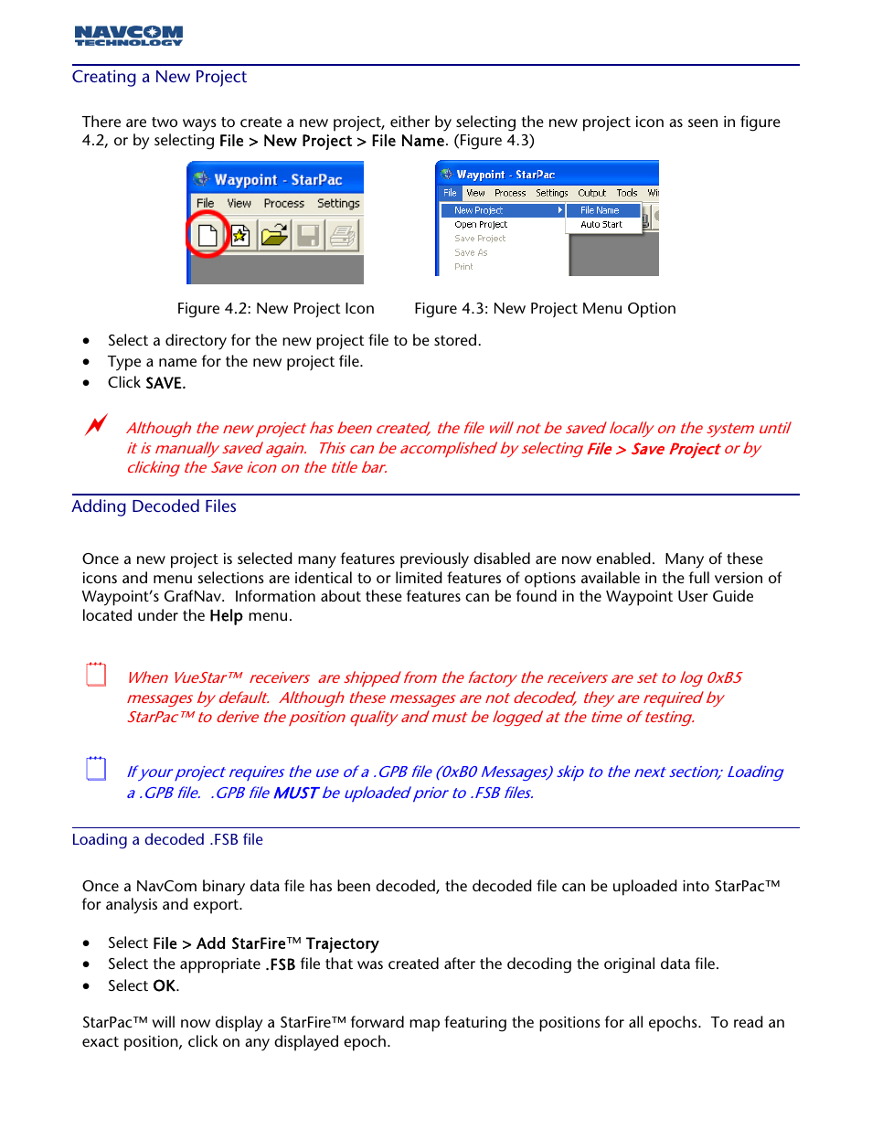Creating a new project, Adding decoded files, Loading a .fsb file | NavCom StarPac Rev.A User Manual | Page 12 / 15