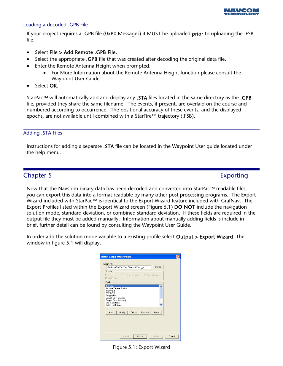 Loading a .gpb file, Adding .sta files, Chapter 5- exporting | Chapter 5 exporting | NavCom StarPac Rev.A User Manual | Page 13 / 15