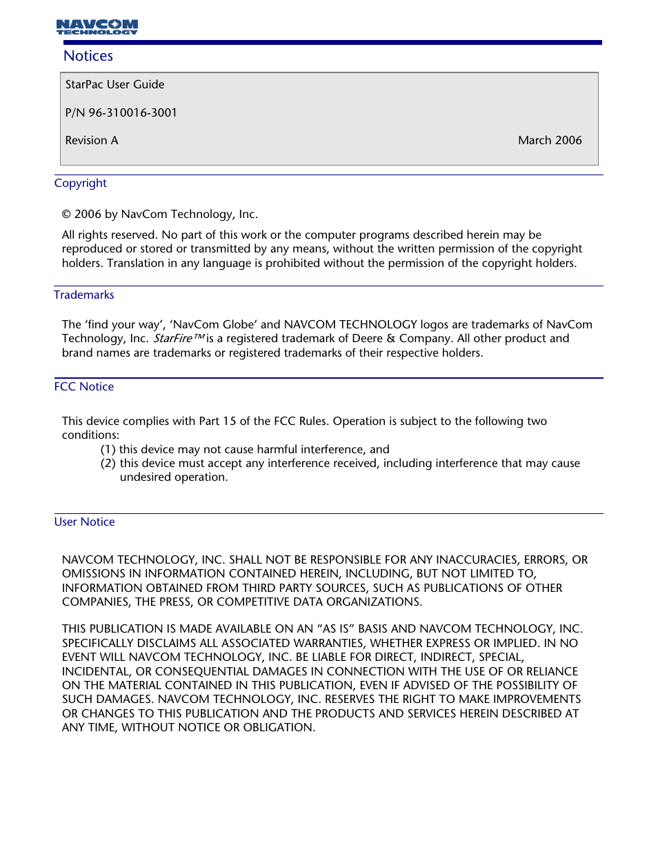Notices, Copyright, Trademarks | Fcc notice | NavCom StarPac Rev.A User Manual | Page 4 / 15