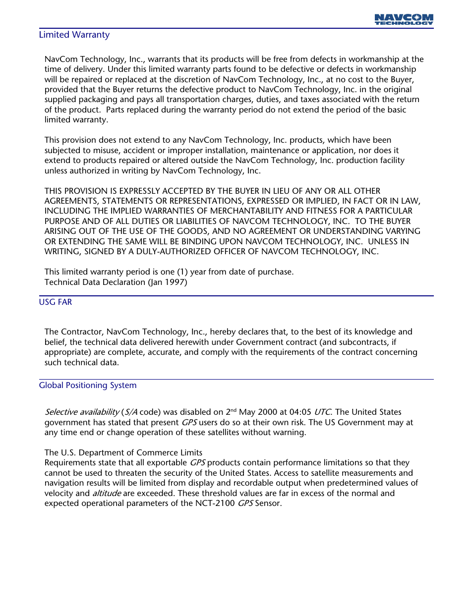 User notice, Limited warranty, Usg far | Global positioning system | NavCom StarPac Rev.A User Manual | Page 5 / 15