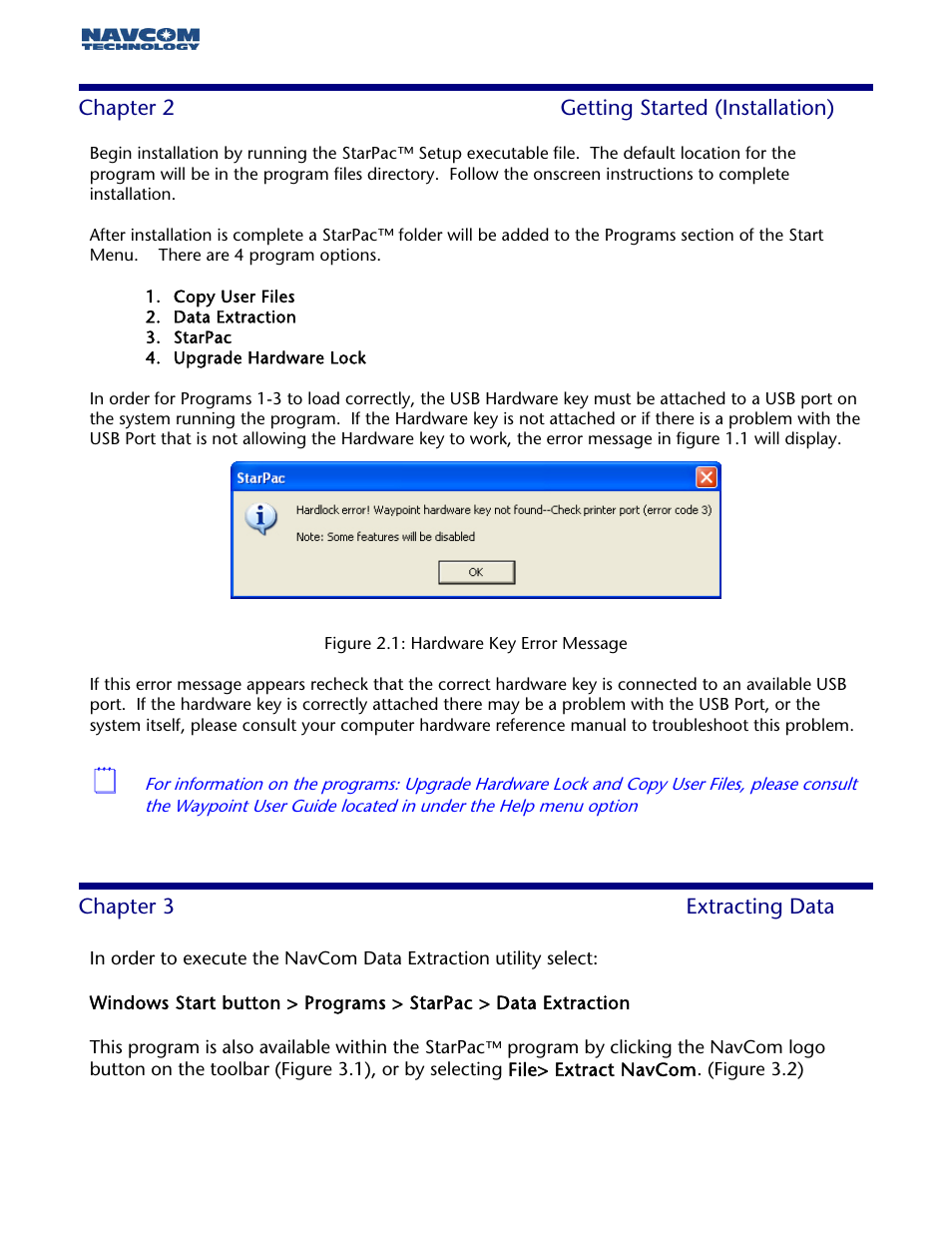 Chapter 2- getting started (installation), Chapter 3- extracting data | NavCom StarPac Rev.A User Manual | Page 8 / 15
