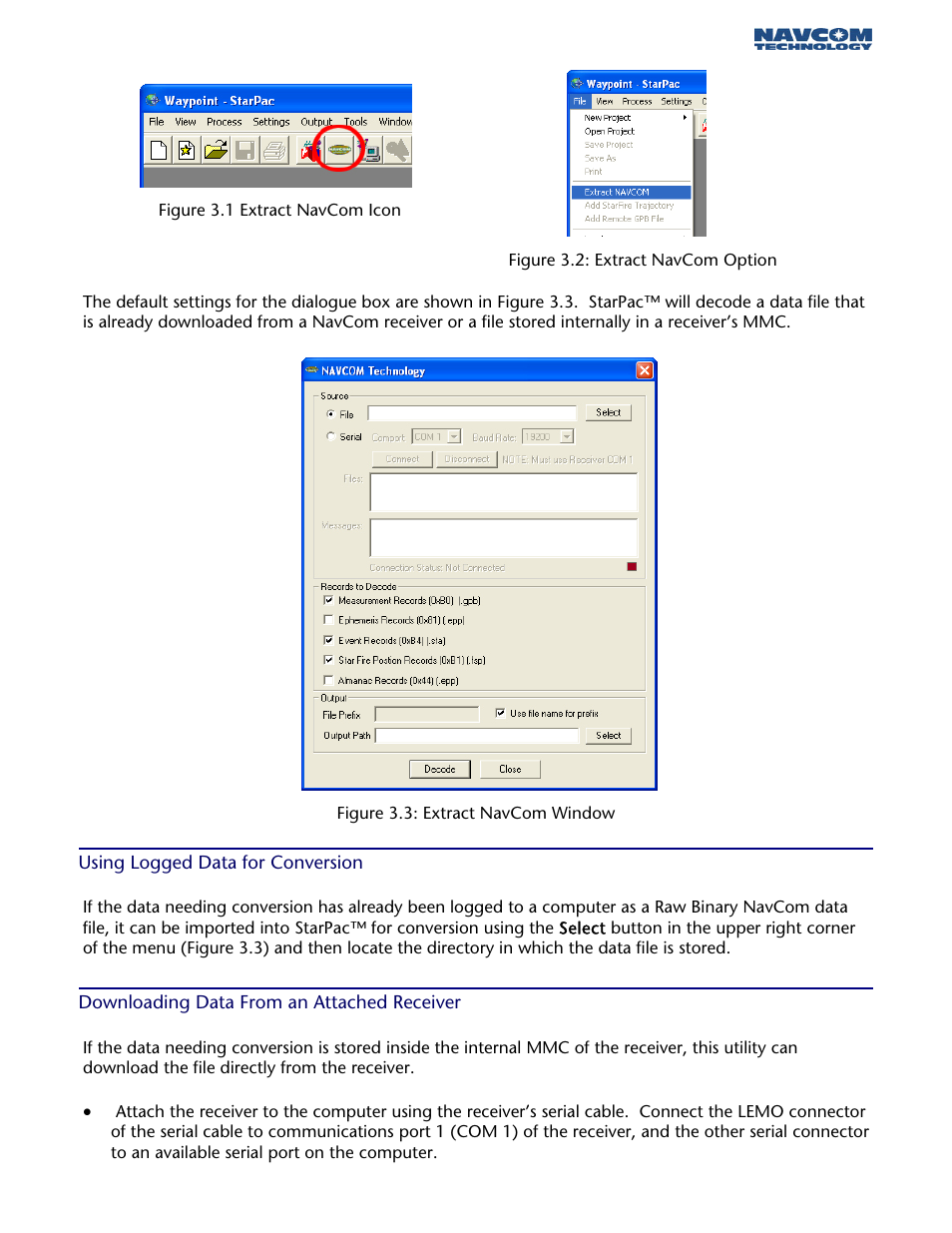 Using logged data for conversion, Downloading data from an attached receiver | NavCom StarPac Rev.A User Manual | Page 9 / 15