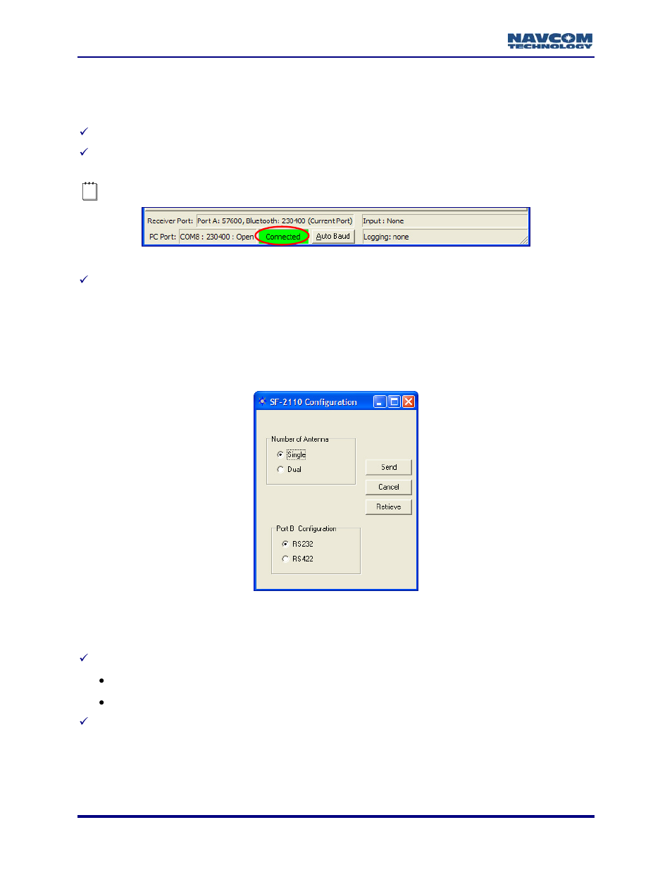 Figure 6: status bar, Figure 7: sf-2110 configuration window | NavCom StarUtil-2110 Rev.B User Manual | Page 18 / 85