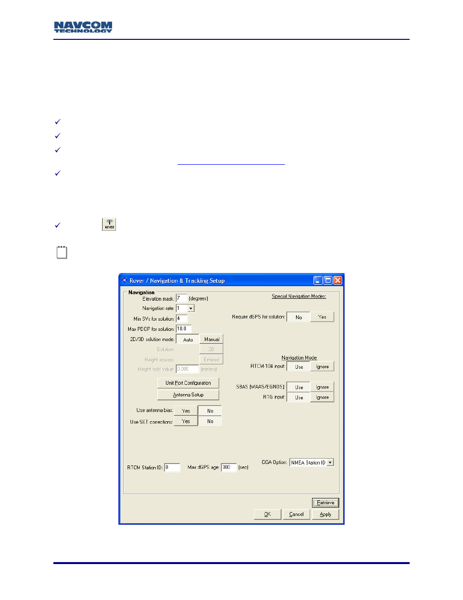 Chapter 3 configure rover, Rover / navigation & tracking setup window, Chapter 3 | Configure rover, E figure 8) | NavCom StarUtil-2110 Rev.B User Manual | Page 19 / 85