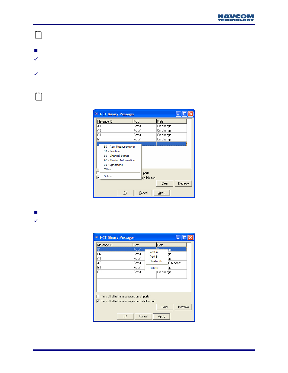 Figure 19: message id menu, Figure 20: port menu | NavCom StarUtil-2110 Rev.B User Manual | Page 28 / 85