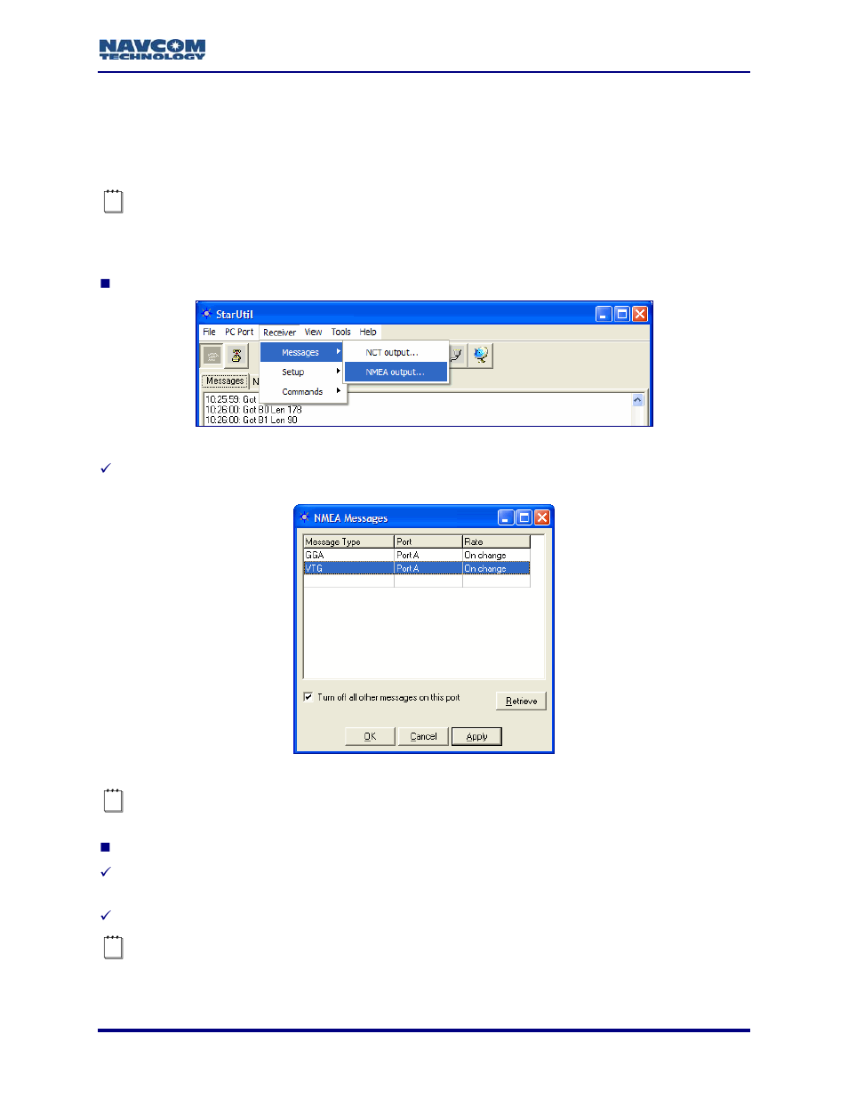 Nmea messages, Figure 32: messages menu, Figure 33: nmea message output list | See figure 33) | NavCom StarUtil-2110 Rev.B User Manual | Page 41 / 85