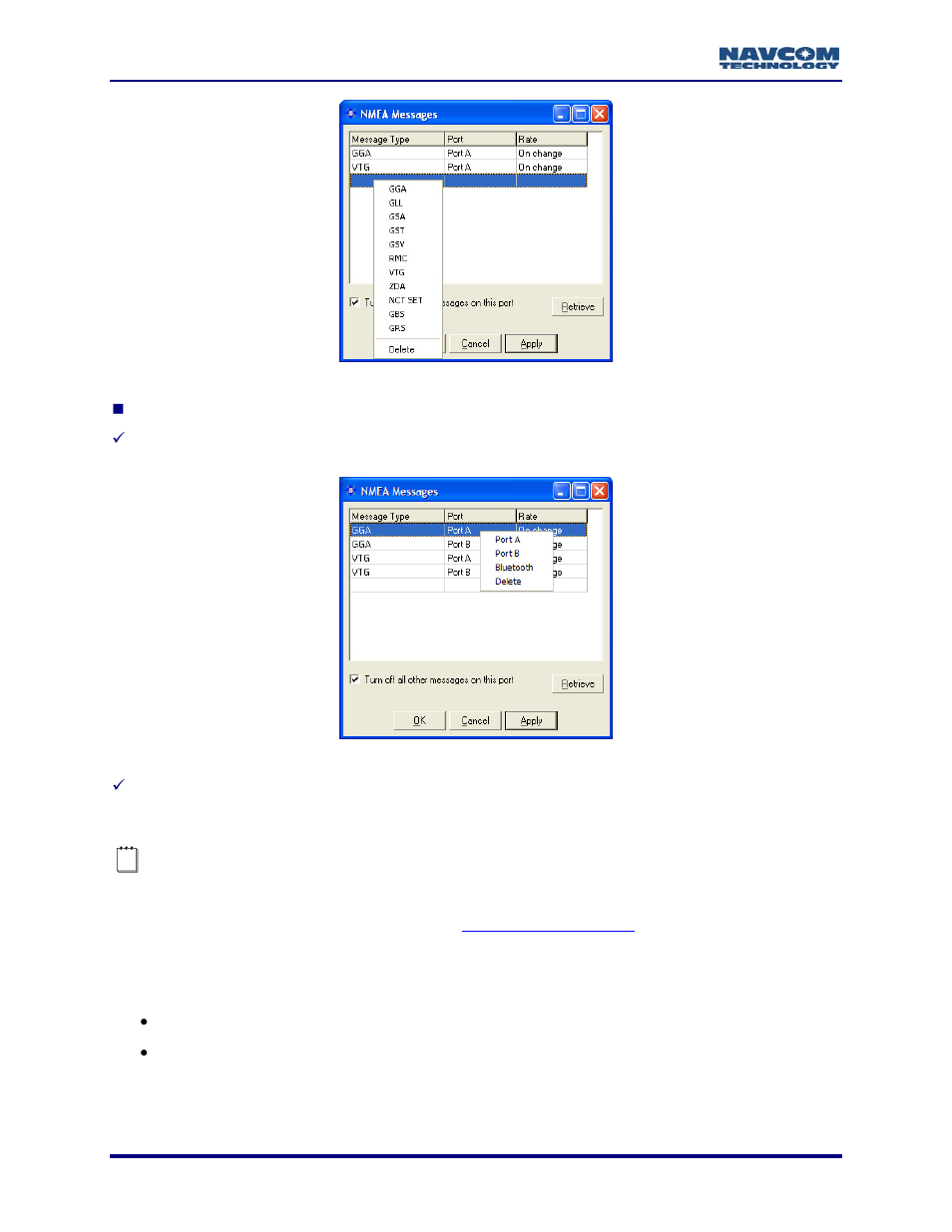 Figure 34: message type menu, Figure 35: port menu, Figure 34) | NavCom StarUtil-2110 Rev.B User Manual | Page 42 / 85