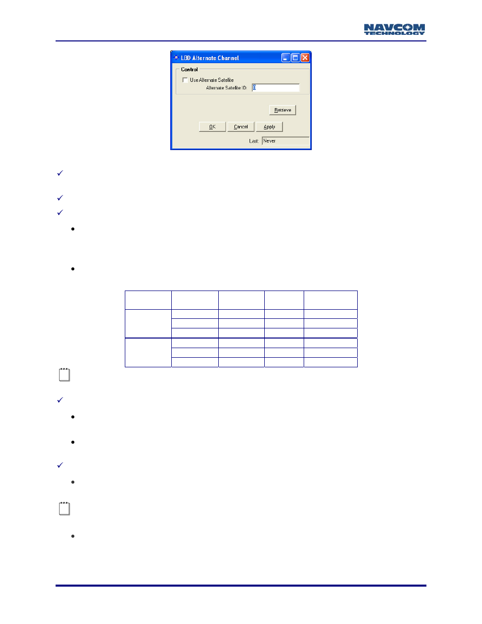 Figure 44: lbd alternate channel window, Table 1: starfire satellites | NavCom StarUtil-2110 Rev.B User Manual | Page 52 / 85