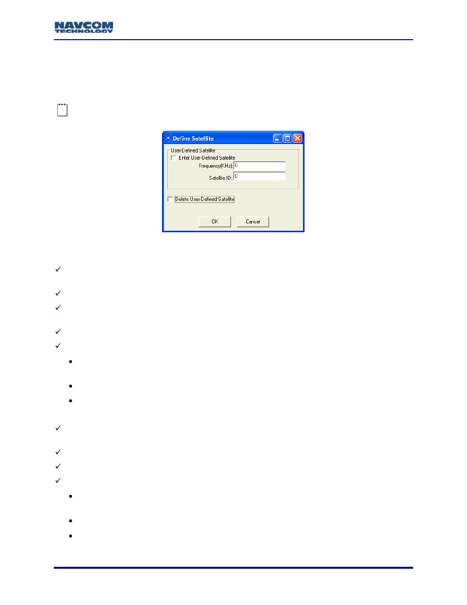 Define satellite, Enter user-defined satellite, Delete user-defined satellite | Figure 45: define satellite window | NavCom StarUtil-2110 Rev.B User Manual | Page 53 / 85