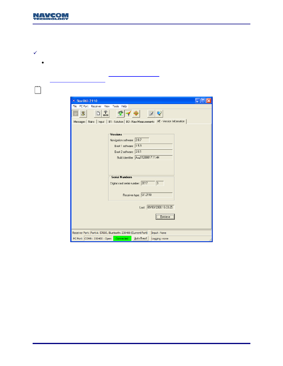 Ae – version information, Figure 47: ae – version information, See figure 47 | NavCom StarUtil-2110 Rev.B User Manual | Page 55 / 85