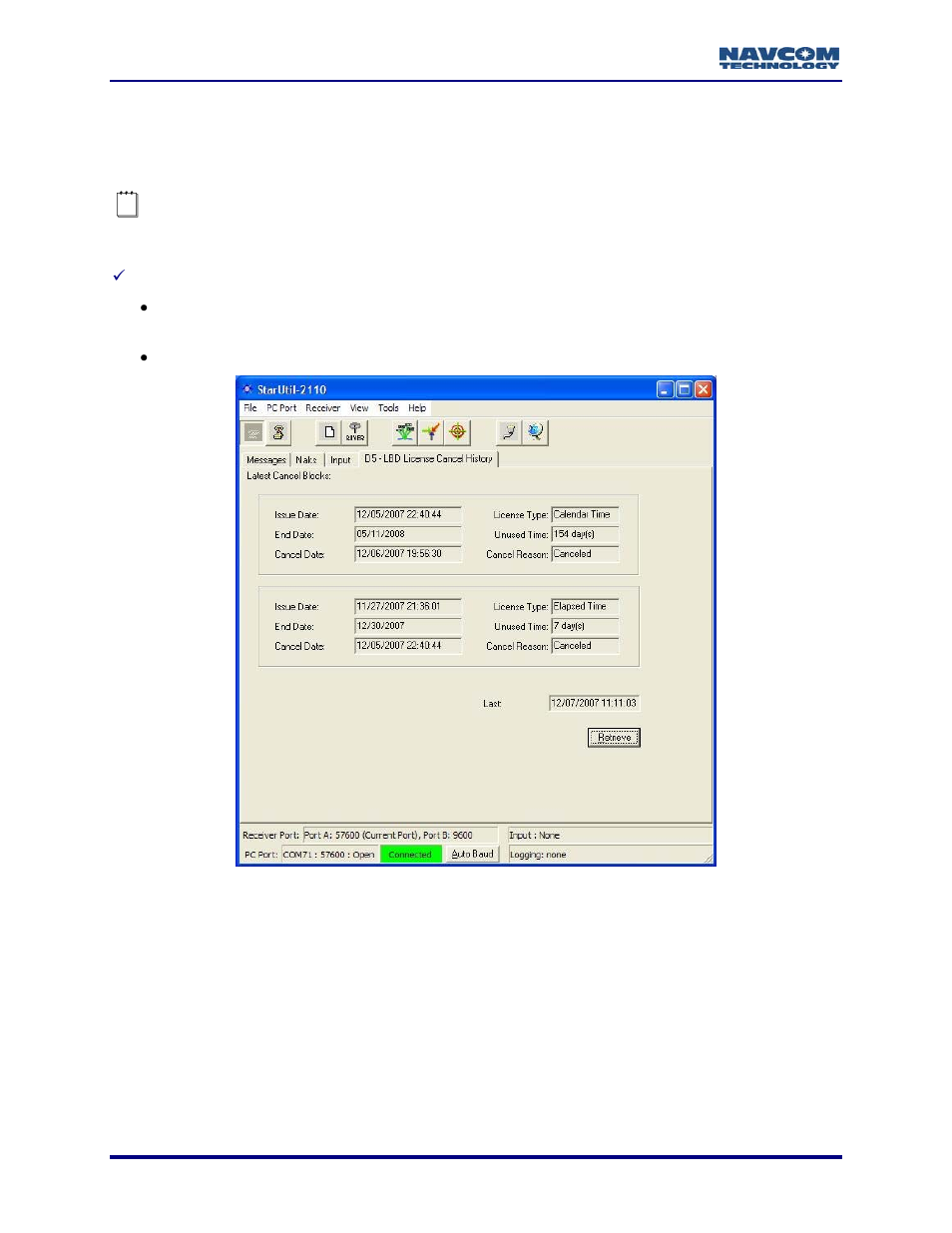 D5 – lbd license cancel history, Figure 52: d5 – lbd license cancel history | NavCom StarUtil-2110 Rev.B User Manual | Page 60 / 85