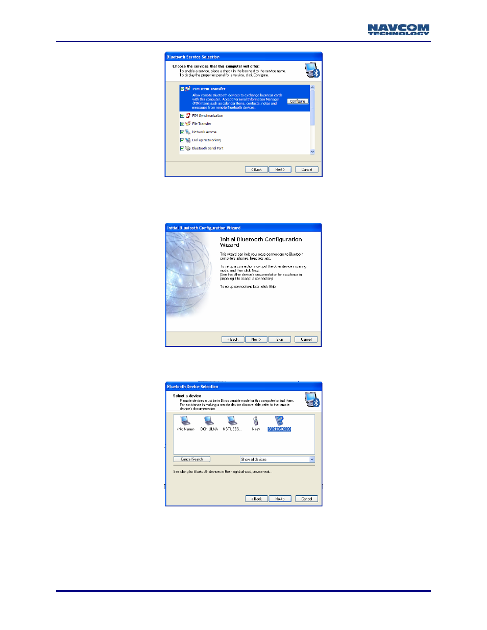 Figure 84: bluetooth service selection, Figure 85: connection setup, Figure 86: select remote device | NavCom StarUtil-2110 Rev.B User Manual | Page 82 / 85