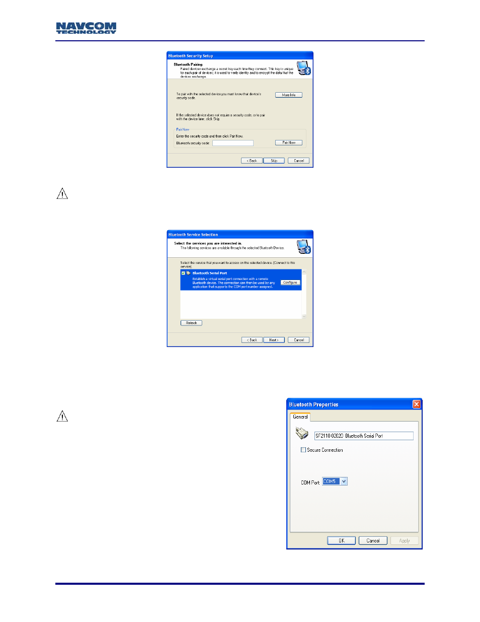 Figure 87: bluetooth security setup, Figure 88: bluetooth service selection, Figure 89: bluetooth properties | NavCom StarUtil-2110 Rev.B User Manual | Page 83 / 85
