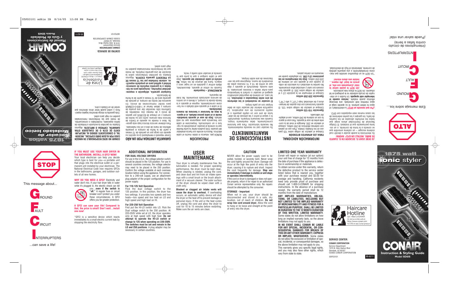 Instrucciones de mantenimiento, User maintenance | Conair SD6IS User Manual | Page 2 / 2