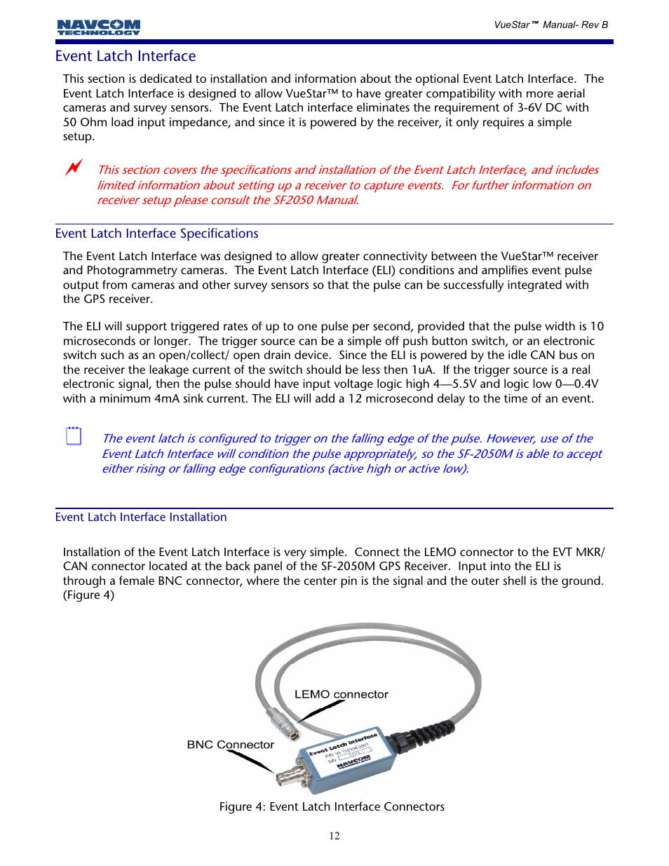 Event latch interface, Event latch interface specifications, Event latch interface installation | NavCom VueStar Rev.B User Manual | Page 12 / 13