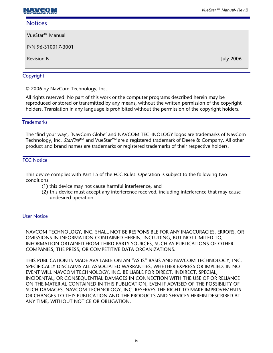 Notices, Copyright, Trademarks | Fcc notice, User notice | NavCom VueStar Rev.B User Manual | Page 4 / 13