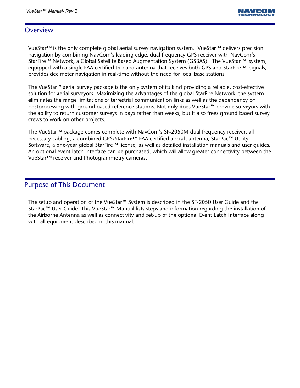 Overview, Purpose of this document, Purpose of this document overview | NavCom VueStar Rev.B User Manual | Page 7 / 13