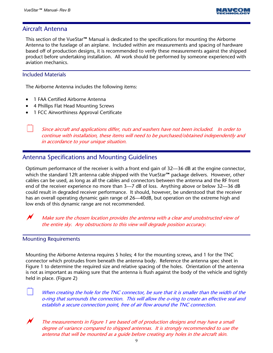 Aircraft antenna, Included materials, Antenna specifications and mounting guidelines | Mounting requirements | NavCom VueStar Rev.B User Manual | Page 9 / 13
