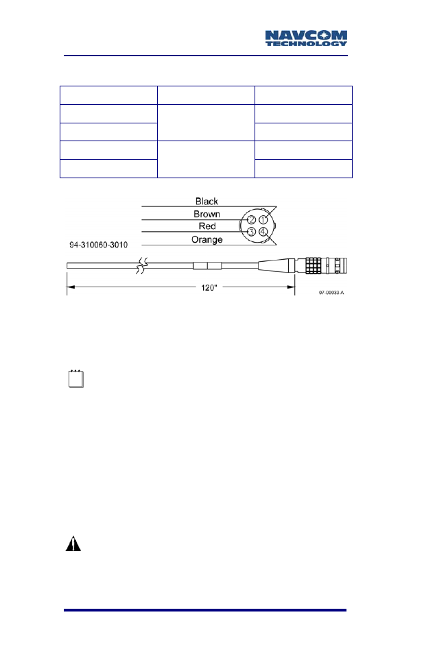 Figure 2: optional dc power cable, Table 3: optional dc cable pin assignments | NavCom RT-3010 Rev.F User Manual | Page 28 / 89