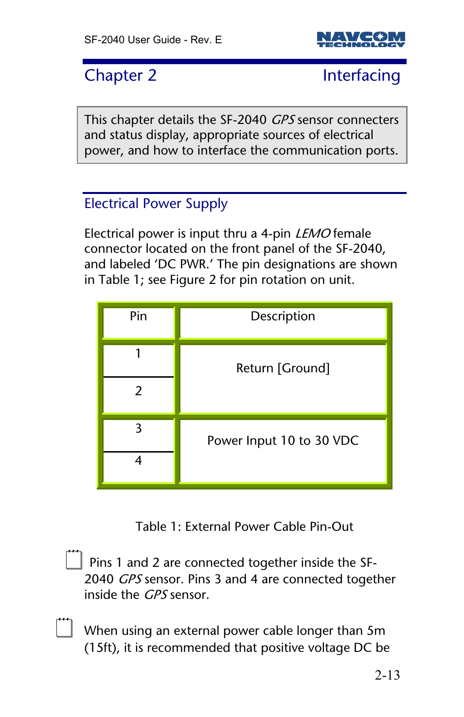 Chapter 2 interfacing, Electrical power supply, Chapter 2 | Interfacing | NavCom SF-2040 Rev.E User Manual | Page 15 / 63