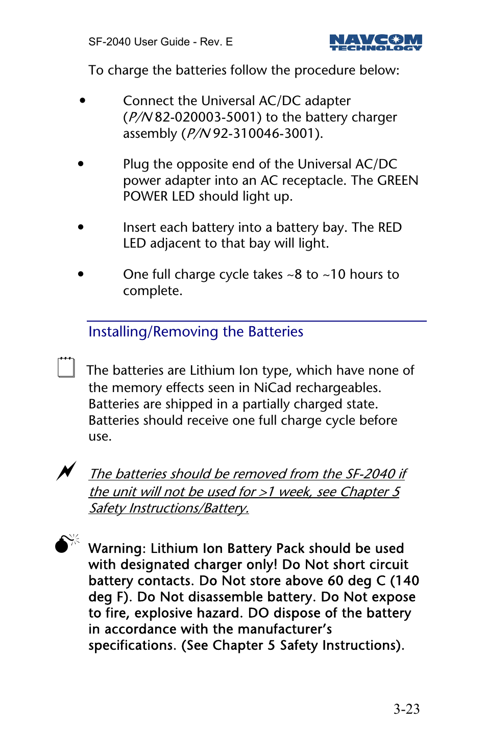 Installing/removing the batteries | NavCom SF-2040 Rev.E User Manual | Page 25 / 63