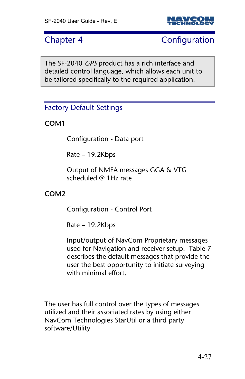 Chapter 4 configuration, Factory default settings, Chapter 4 | Configuration | NavCom SF-2040 Rev.E User Manual | Page 29 / 63
