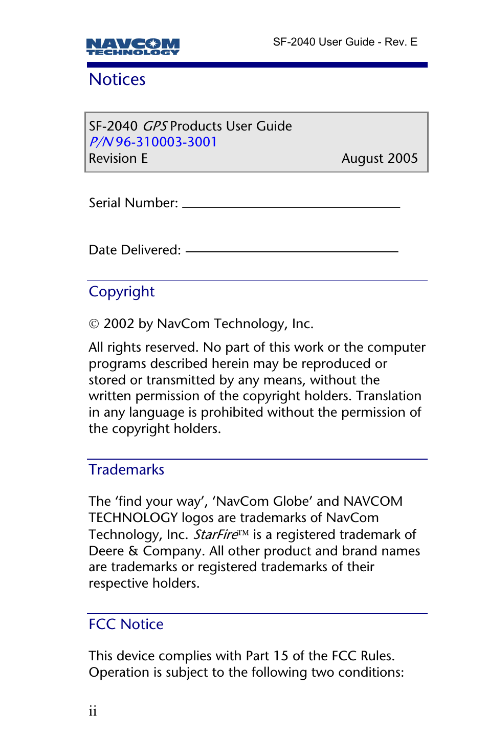 Notices, Copyright, Trademarks | Fcc notice | NavCom SF-2040 Rev.E User Manual | Page 4 / 63