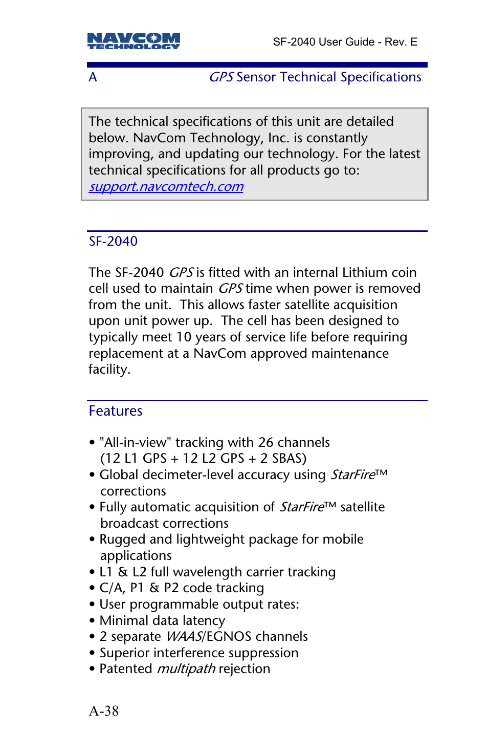 A gps sensor technical specifications, Sf-2040, Features | Sensor technical specifications | NavCom SF-2040 Rev.E User Manual | Page 40 / 63