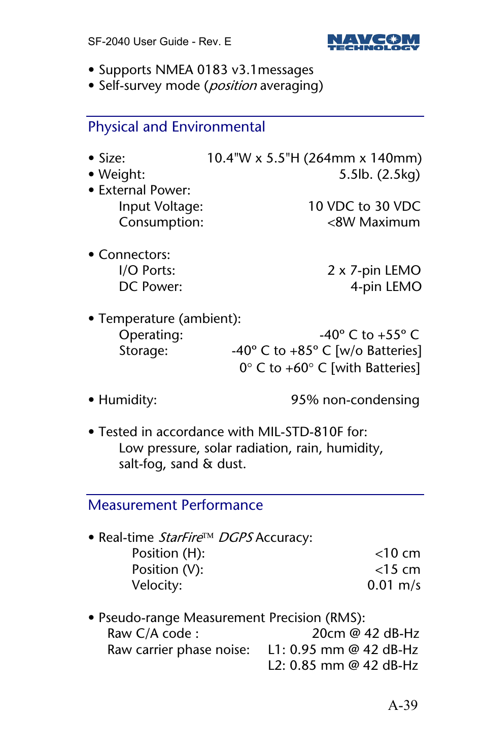 Physical and environmental, Measurement performance | NavCom SF-2040 Rev.E User Manual | Page 41 / 63