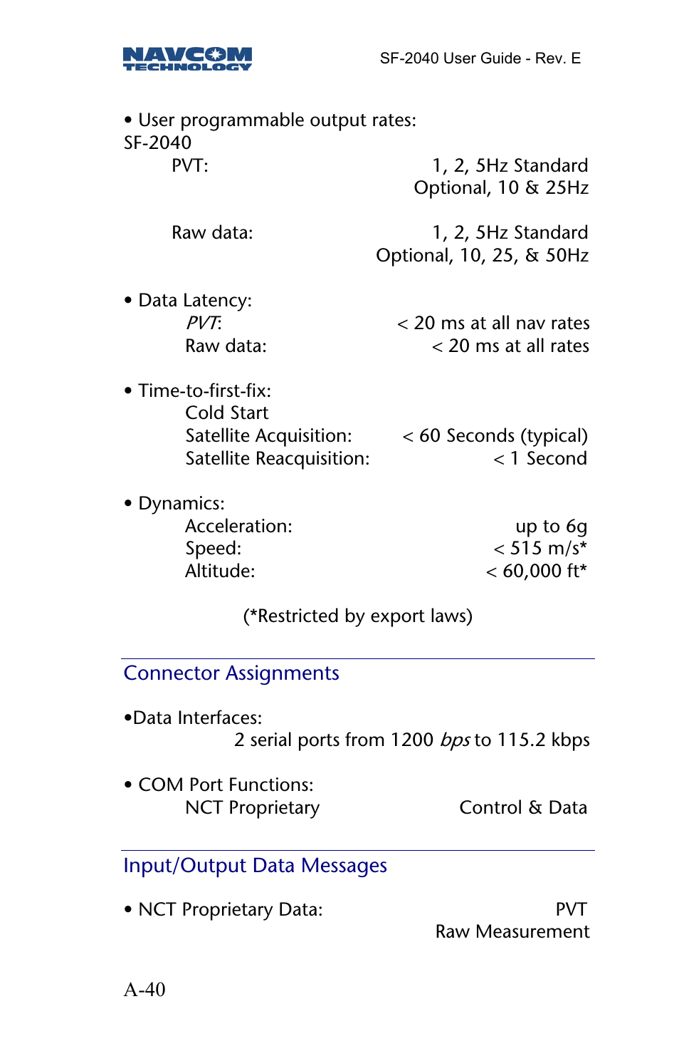 Connector assignments, Input/output data messages | NavCom SF-2040 Rev.E User Manual | Page 42 / 63