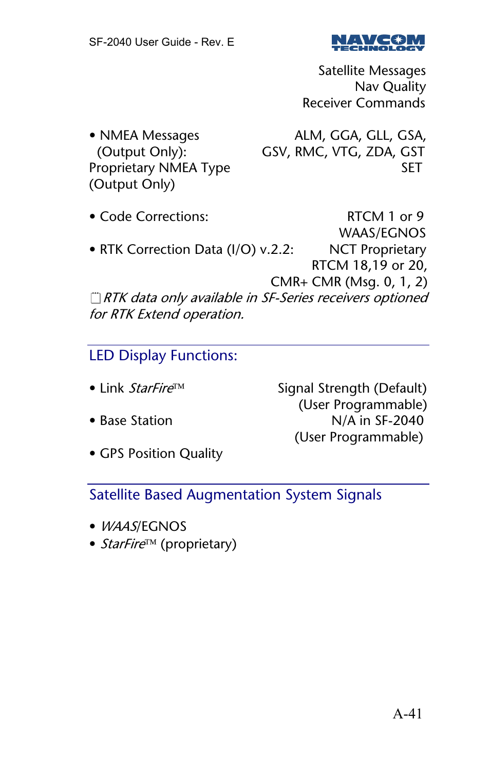 Led display functions, Satellite based augmentation system signals | NavCom SF-2040 Rev.E User Manual | Page 43 / 63