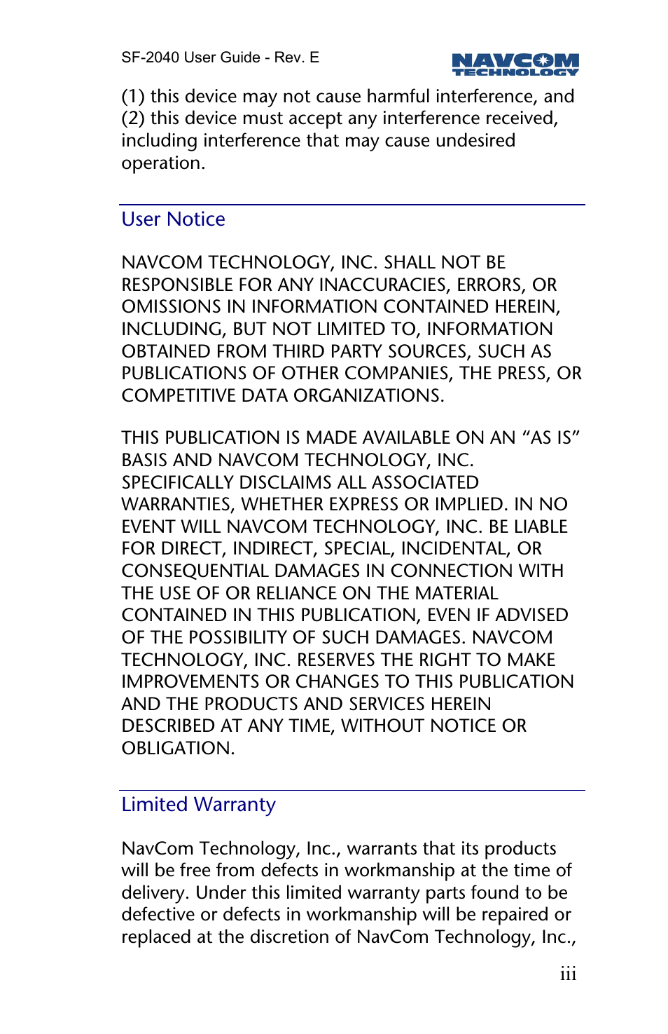 User notice, Limited warranty | NavCom SF-2040 Rev.E User Manual | Page 5 / 63
