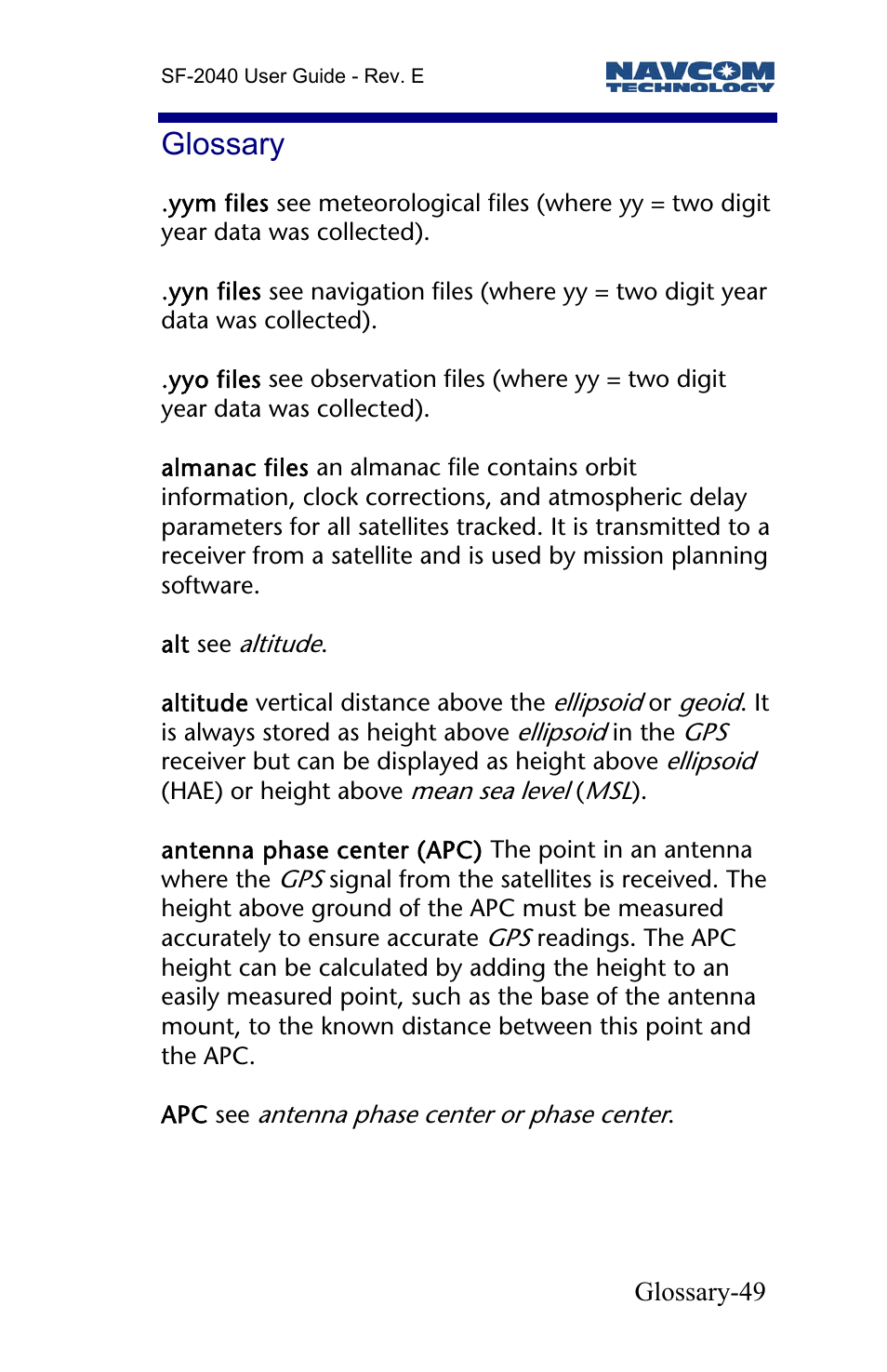 Glossary | NavCom SF-2040 Rev.E User Manual | Page 51 / 63