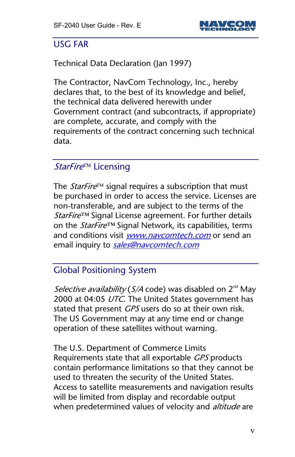 Usg far, Starfire tm licensing, Global positioning system | Starfire | NavCom SF-2040 Rev.E User Manual | Page 7 / 63