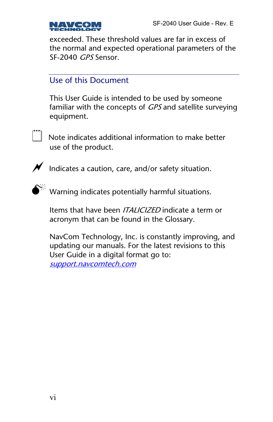 Use of this document | NavCom SF-2040 Rev.E User Manual | Page 8 / 63