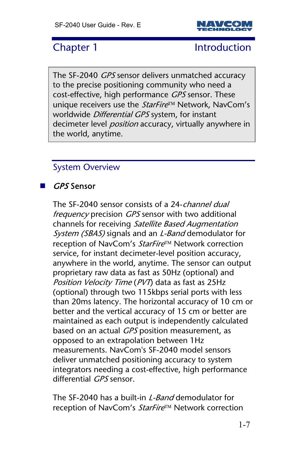 Chapter 1 introduction, System overview, Chapter 1 | Introduction | NavCom SF-2040 Rev.E User Manual | Page 9 / 63