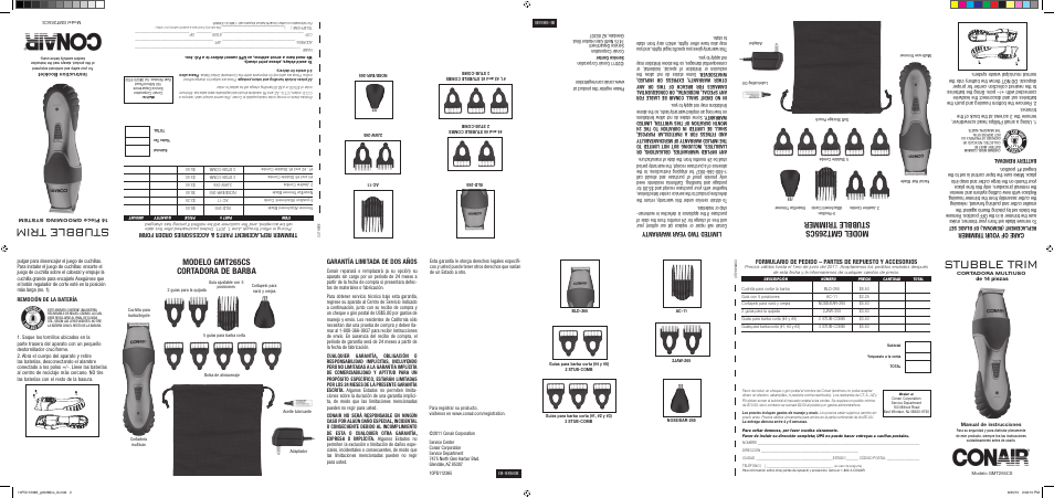 Stubble trim, Model gmt265 cs stubble tr immer, Modelo gmt265cs cortadora de barba | Lim ited two y ear w arranty, Care of your trimmer, Garantía limitada de dos años | Conair GMT265CS User Manual | Page 2 / 2