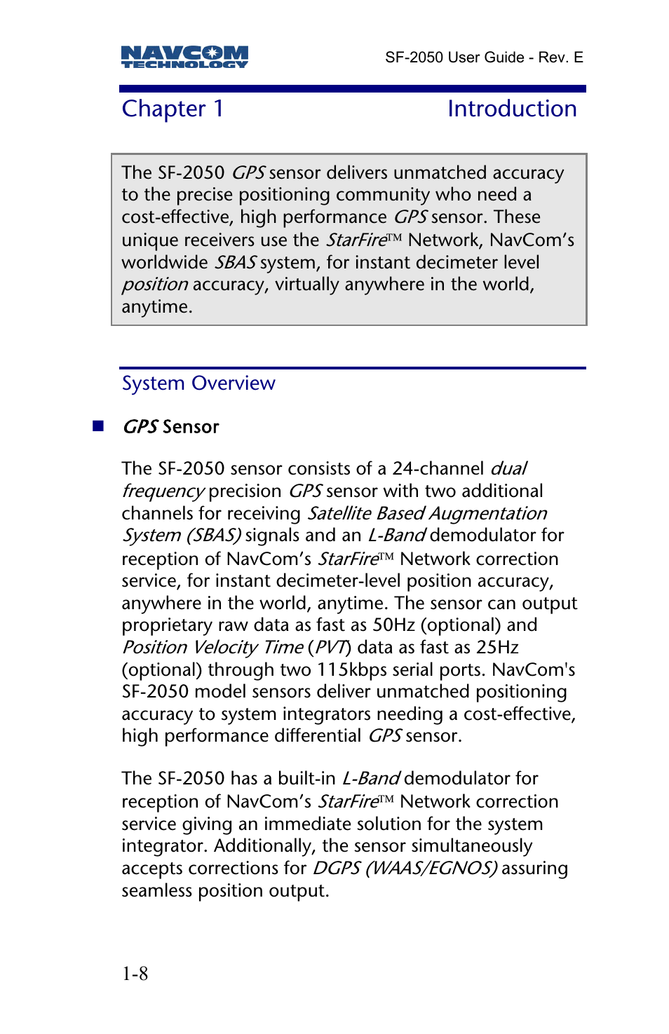Chapter 1 introduction, System overview | NavCom SF-2050 Rev.E User Manual | Page 10 / 67