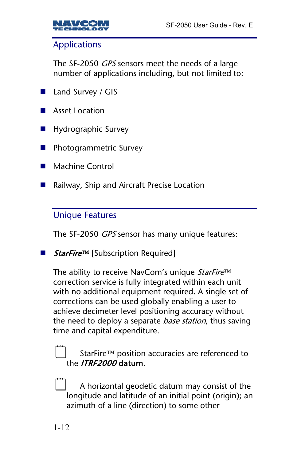 Applications, Unique features | NavCom SF-2050 Rev.E User Manual | Page 14 / 67