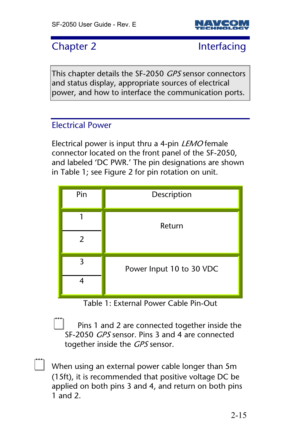 Chapter 2 interfacing, Electrical power, Chapter 2 | Interfacing | NavCom SF-2050 Rev.E User Manual | Page 17 / 67