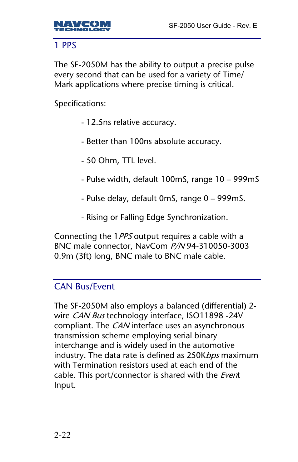 1 pps, Can bus/event | NavCom SF-2050 Rev.E User Manual | Page 24 / 67