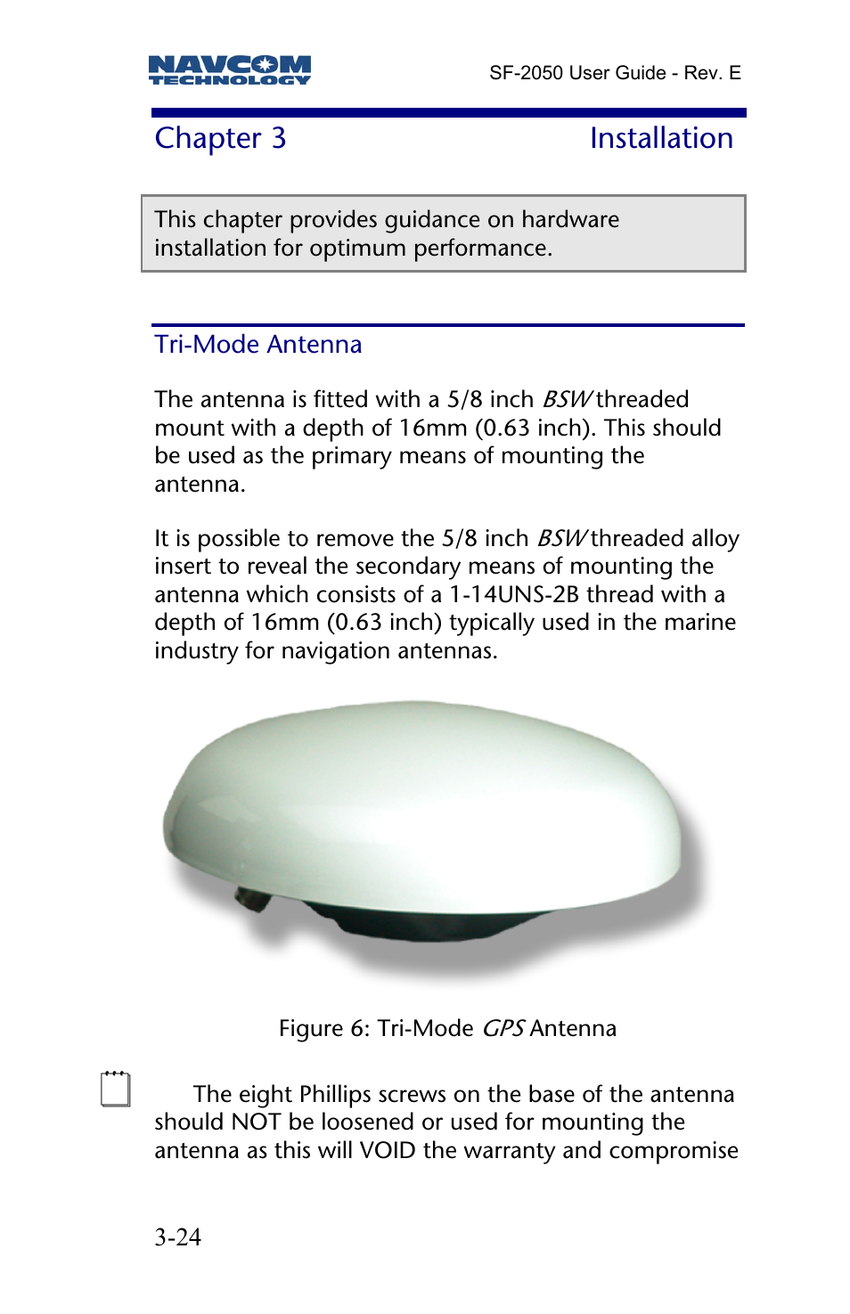 Chapter 3 installation, Tri-mode antenna, Chapter 3 | Installation | NavCom SF-2050 Rev.E User Manual | Page 26 / 67