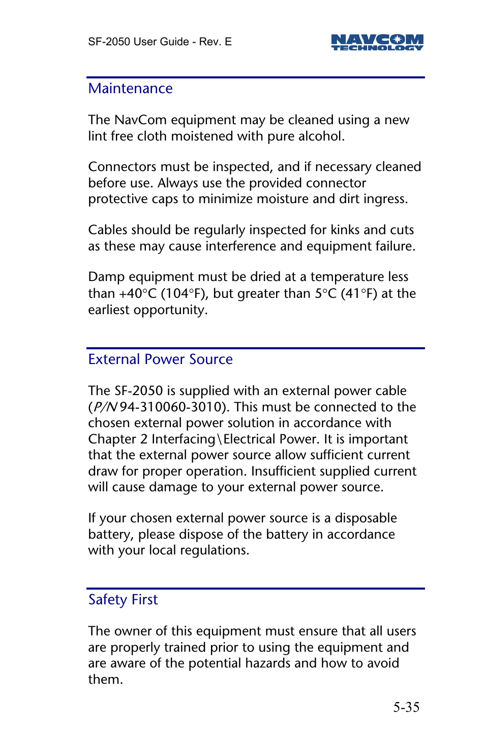 Maintenance, External power source, Safety first | NavCom SF-2050 Rev.E User Manual | Page 37 / 67