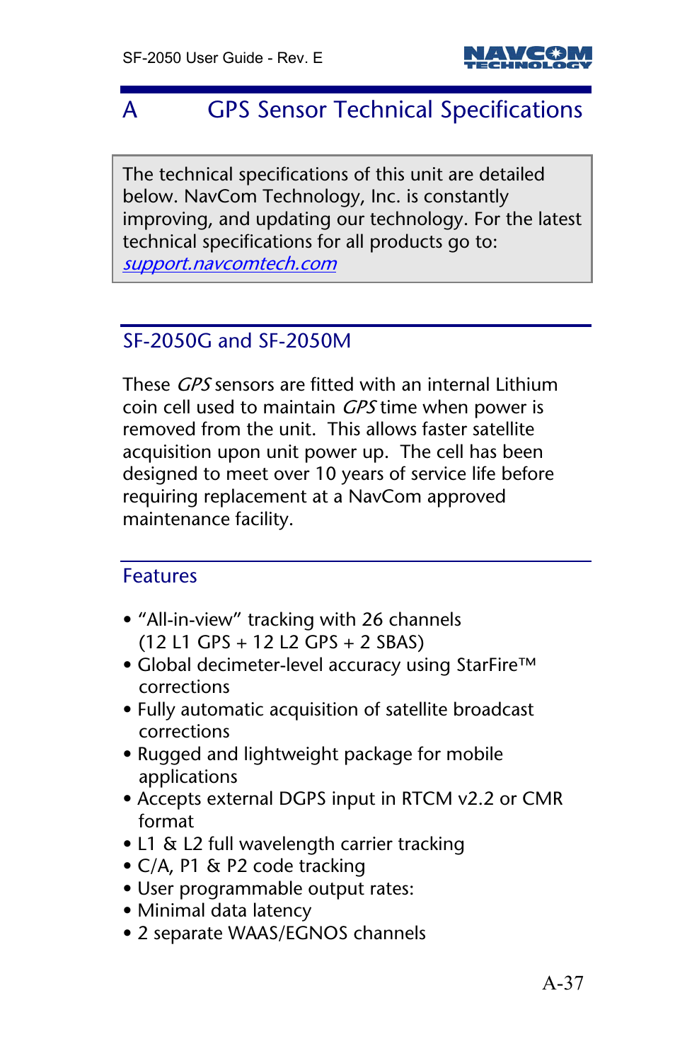 A gps sensor technical specifications, Sf-2050g and sf-2050m, Features | Gps sensor technical specifications, Agps sensor technical specifications | NavCom SF-2050 Rev.E User Manual | Page 39 / 67