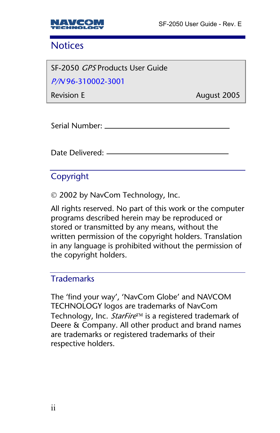 Notices, Copyright, Trademarks | NavCom SF-2050 Rev.E User Manual | Page 4 / 67