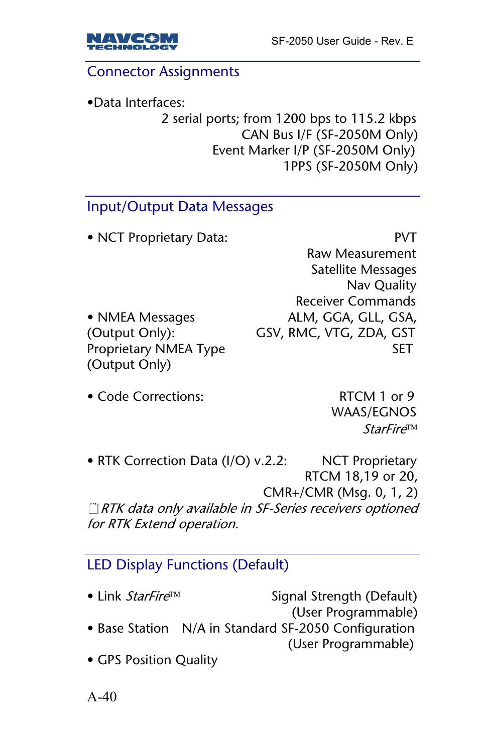 Connector assignments, Input/output data messages, Led display functions (default) | NavCom SF-2050 Rev.E User Manual | Page 42 / 67