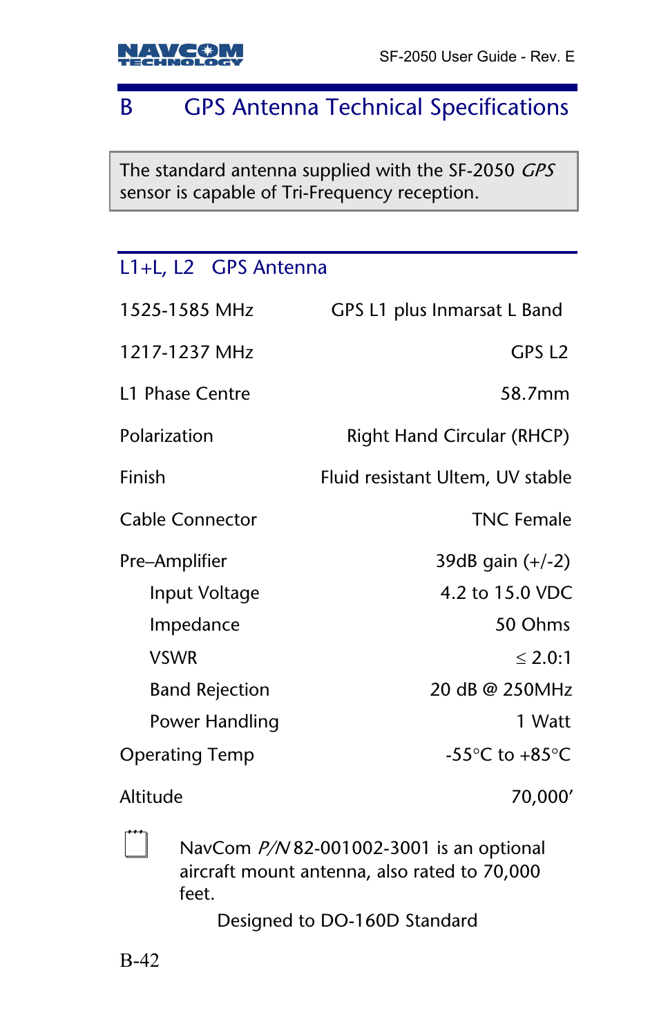 B gps antenna technical specifications, L1+l, l2 gps antenna, Gps antenna technical specifications | Bgps antenna technical specifications | NavCom SF-2050 Rev.E User Manual | Page 44 / 67