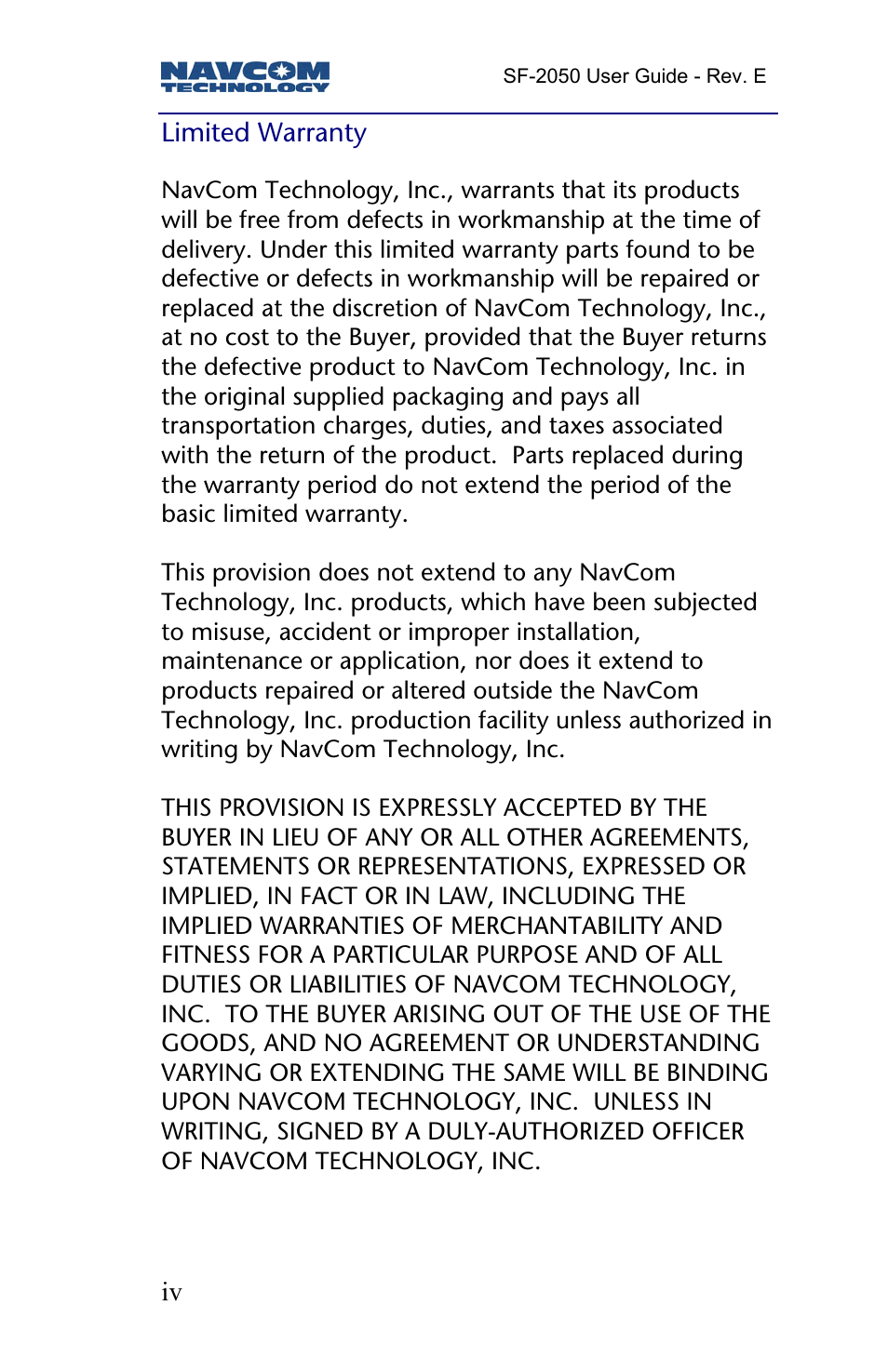 Limited warranty | NavCom SF-2050 Rev.E User Manual | Page 6 / 67