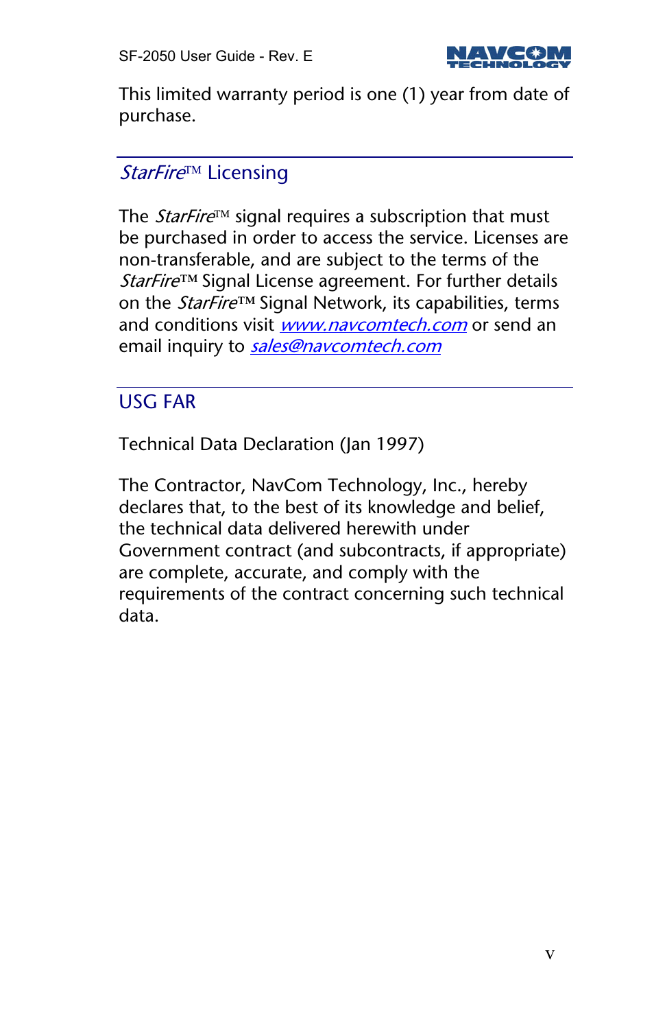 Starfire tm licensing, Usg far | NavCom SF-2050 Rev.E User Manual | Page 7 / 67