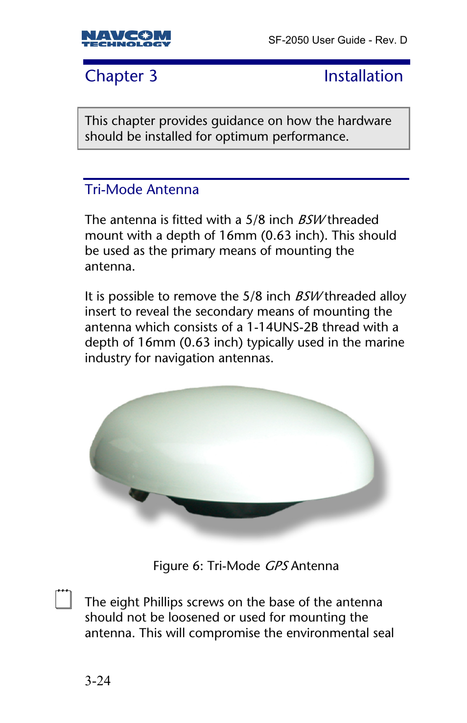 Chapter 3 installation, Tri-mode antenna, Chapter 3 | Installation | NavCom SF-2050 Rev.D User Manual | Page 26 / 65